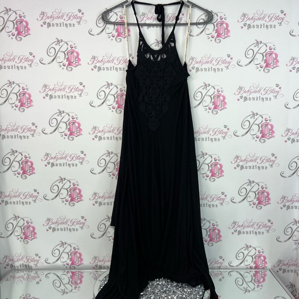 Rip Curl dress crochet halter style Black Maxi Dress with Lace Detail